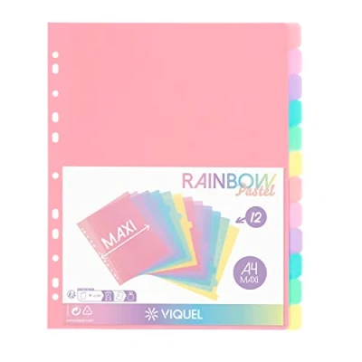 Abbildung von Viquel 12 Stück Register Rainbow Pastell Maxi Format (24,5 x 30,5 cm) für A4 Ordner oder Aktenordner Pastellfarben