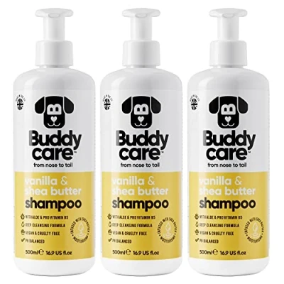Abbildung von Vanille &amp; Sheabutter Hundeshampoo von Buddycare Feuchtigkeitsspendendes Shampoo für Hunde Frisch duftend Mit Aloe Vera und Pro Vitamin B5 (500ml x3)