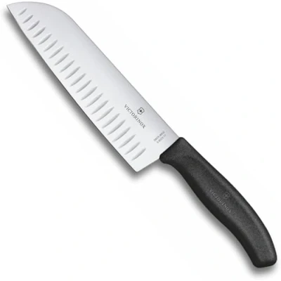 Abbildung von Victorinox Swiss Classic, Profi Santokumesser, Extra Scharfe Klinge, Kullenschliff, 17 cm, Kunststoffgriff, Rostfreier Stahl, Schwarz