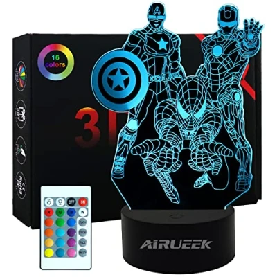 Abbildung von AIRUEEK Spider Spielzeug 3D Nachtlicht, Superhelden figuren für Jungen 16 Farben Dimmbar mit Touch Lampe Iron Man, Captain America Geschenke