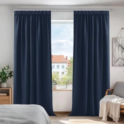 Abbildung von Deconovo Gardinen Vorhang Blickdichte Verdunkelungsvorhang Kräuselband gegen Kälte, 180x140cm(HöhexBreite), Dunkelblau, 2er Set