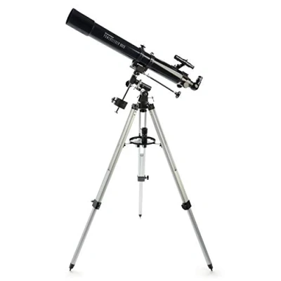 Abbildung von Celestron 21048 PowerSeeker 80EQ Refraktor Teleskop mit Zwei Okularen, seitenrichtigem Spiegel, Einer dreifachen Barlow Linse, höheneinstellbares Stativ und Luxus Zubehörschale, Schwarz