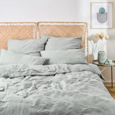 Abbildung von Blumtal Musselin Bettwäsche 200x200 cm + 2X 80x80 Oeko TEX zert. aus 100% Baumwolle extra weiches Set waschbar bei 40 C Sommerbettwäsche Blau