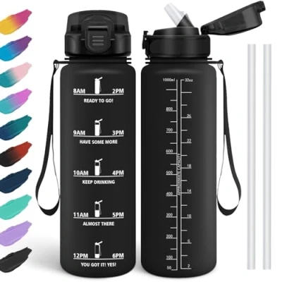 Abbildung von HoneyHolly Wasserflasche 1l, Auslaufsicher, Trinkflasche für Kohlensäurehaltige Getränke, BPA Frei, mit Strohhalm, Sport Schule, Fahrrad, Fitness