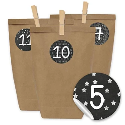 Abbildung von Papierdrachen Adventskalender zum Befüllen 24 Geschenktüten und Zahlenaufkleber Klammern Motiv Schwarz weiß Tafelmotiv Basteln Weihnachten Mini Set Nr 16