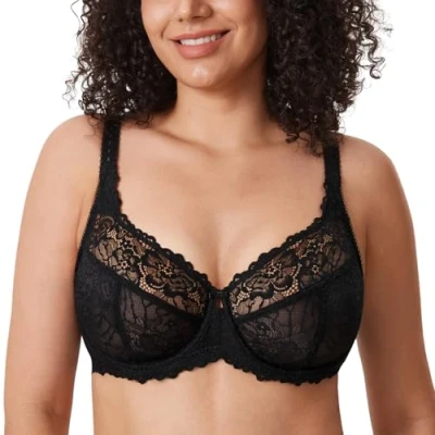 Abbildung von DELIMIRA Damen Minimizer BH Große Größen ohne Polster Vollschalen mit Spitze Schwarz 75G