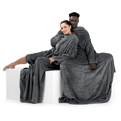 Abbildung von DecoKing Decke mit Ärmeln Geschenke für Frauen und Männer 170x200 cm Grau Microfaser TV Kuscheldecke Weich Lazy