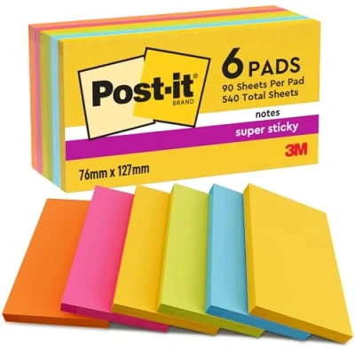 Abbildung von Post it Super Sticky Notes Carnival Collection, Packung mit 6 Blöcken, 90 Blatt pro Block, 76 mm x 127 mm, Gelb, Blau, Grün, Pink Extra stark klebende Notizzettel für To Do Listen und Erinnerungen