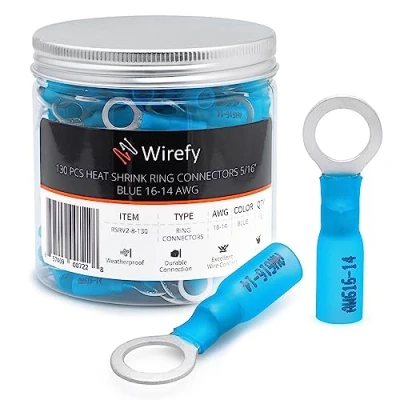 Abbildung von Wirefy Blaue Ringkabelschuhe Schrumpfverbinder M8 Lötfreie Kabelschuhe Sortiment Ringkabelschuh Quetschverbinder 1,5 2,5 mm² 130 Stück