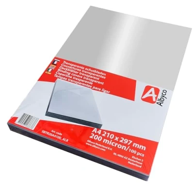 Abbildung von Albyco Klarsicht Deckblatt, PVC Deckblätter, Einbanddeckel, Transparent Schutzblätter A4, Glanz, 200 Micron (100 Stück)
