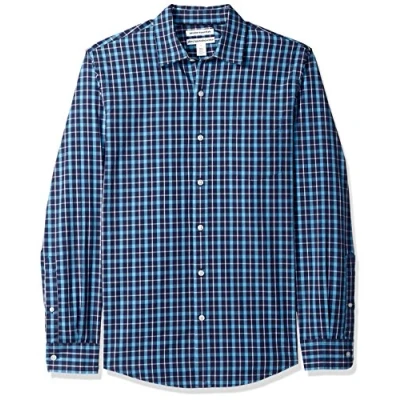 Abbildung von Amazon Essentials Herren Langärmeliges Hemd aus Popeline, Schmale Passform, Marineblau Karomuster, L