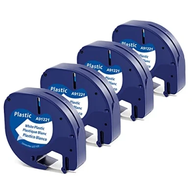 Abbildung von 4x MarkField Kompatible für Dymo Letratag Etikettenband, 12mm x 4m Kunststoff Bänder LT 100H 100T XR XM 2000 Plus 200B, Schwarz auf Weiß, 91201 S0721610