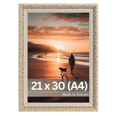 Abbildung von VictoR Vintage Bilderrahmen „Rubens“ in 21x30 cm (A4) Gold Beige Leiste: 30x20mm Echtglas Barock Antik 20x30 A4