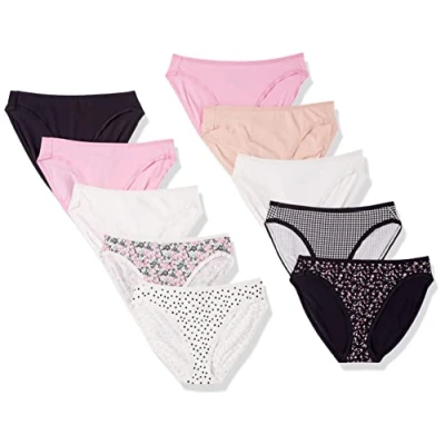 Abbildung von Amazon Essentials Damen Slip aus Baumwolle mit hohem Beinschnitt (in Übergröße erhältlich), 10er Pack, Floral/Kariert/Mehrfarbig/Punkte, 42