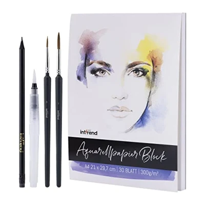 Abbildung von int!rend Aquarellpapier A4 300 g/m² 30 Seiten Aquarellblock Malpapier mit Wassertankpinsel &amp; Bleistift Aquarell Papier zum Malen Watercolor Paper, Block, Skizzenbuch