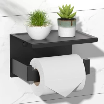 Abbildung von HITSLAM Toilettenpapierhalter Ohne Bohren, Selbstklebend Klopapierhalter mit Ablage, Edelstahl Klorollenhalter Wandmontage, Wc Papier Halterung Rollenhalter Kleber für Badzimmer Schwarz