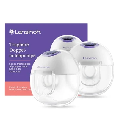 Abbildung von Lansinoh tragbare elektrische Doppelmilchpumpe freihändig und leise abpumpen ohne Kabel &amp; Schläuche wiederaufladbarer Akku einfache Bedienung Reinigung handsfree