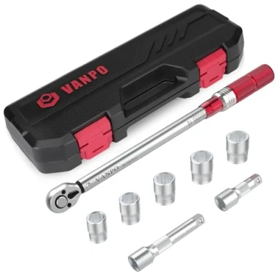 Abbildung von VANPO Drehmomentschlüssel 1/2&quot;, 20 220 Nm Drehmoment Schlüssel 8 tlg. Set, ± 3% Fehlergenauigkeit mit 2 Verlängerung, 5 Stecknüsse 17mm, 19mm, 21mm, 23mm,24mm Reifenschlüssel für Auto, LKW, Motorrad