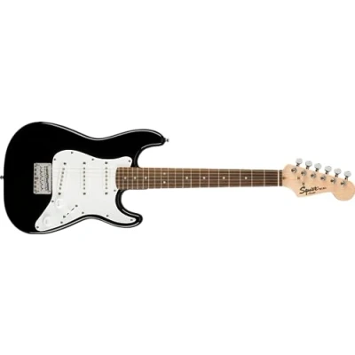 Abbildung von Squier by Fender Mini Stratocaster, E Gitarre, Lorbeergriffbrett, Schwarz, Inklusive kostenloser virtueller Kurse auf Play