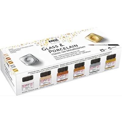 Abbildung von KREUL 16603 Glass &amp; Porcelain Set Classic Metallicfarben, 6 x 20 ml Farbe und ein Pinsel, brillante, metallisch deckende Glas Porzellanmalfarbe auf Wasserbasis