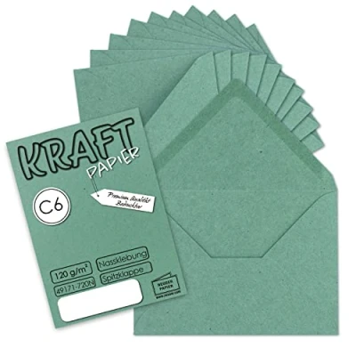 Abbildung von 50x Kraftpapier Umschläge DIN C6 Eukalyptus Grün 11,4 x 16,2 cm ohne Fenster Vintage Briefumschläge mit Nassklebung Spitzklappe NEUSER PAPIER