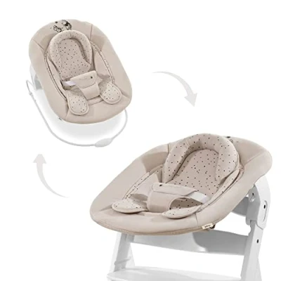 Abbildung von hauck 2in1 Babywippe &amp; Neugeborenenaufsatz für Alpha+ Beta+ Holzhochstuhl Alpha Bouncer 2in1, ab Geburt bis 9 kg, 3 Punkt Hüftgurt, Sitzverkleinerer, Wippgestell (Disney Winnie the Pooh Beige)