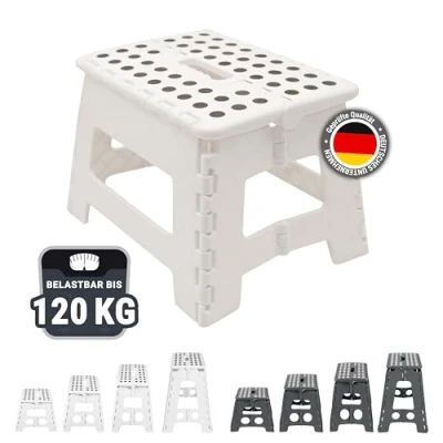 Abbildung von ZOLLNER Tritthocker faltbar Klapphocker für Kinder und Erwachsene bis 120kg Anti Rutsch Beschichtung mit praktischem Tragegriff extrem leicht 22 cm hoch Kunststoff weiß