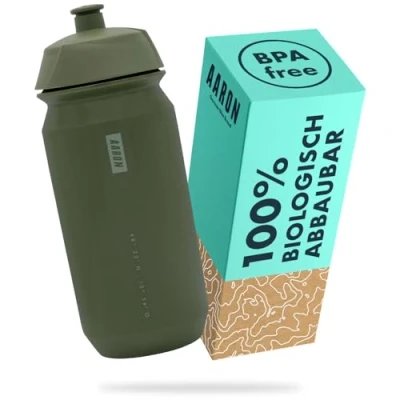 Abbildung von AARON ECO Trinkflasche 100% Biologisch abbaubar, 500 ml, leicht und auslaufsicher, praktische BPA freie Wasserflasche für Sport, Fitness, Wandern, Outdoor in grün