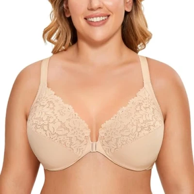 Abbildung von DELIMIRA Damen Vorderverschluss BH Große Brüste Starker Halt mit Bügel Spitzen BHS Vollständige Abdeckung Beige 75B