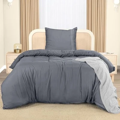 Abbildung von Utopia Bedding Bettwäsche 135x200 Set Mikrofaser Bettbezug cm + 1 Bestickte Kissenbezug 80x80 Grau