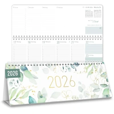 Abbildung von Häfft® Wochen Tischkalender 2026 quer mit Aufsteller &quot;Blattgold&quot; 1 Woche 2 Seiten, Schreibtisch Kalender Sprüchen, Wochenkalender 29,7 x 11,6 cm nachhaltig &amp; klimafreundlich