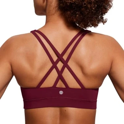 Abbildung von CRZ Yoga Damen Ohne Bügel Sport BH Gekreuzt Rücken Spaghetti Top Abnehmbare Pads Croptop Roter Merlot L