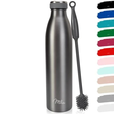 Abbildung von Milu Edelstahl Trinkflasche 350ml, 500ml, 750ml, 1L, 1.5L Thermosflasche, Isolierte Wasserflasche, Auslaufsichere Isolierflasche doppelwandig, Kohlensäure geeignet + Reinigungsbürste (Grau, 1.5L)