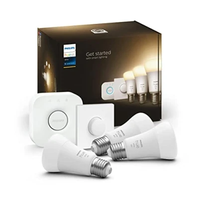 Abbildung von Philips Hue White E27 3er Starter Set inkl. Smart Button und Bridge, 3x1055lm, warmweißes Licht, dimmbar, steuerbar via App, kompatibel mit Amazon Alexa (Echo, Echo Dot)
