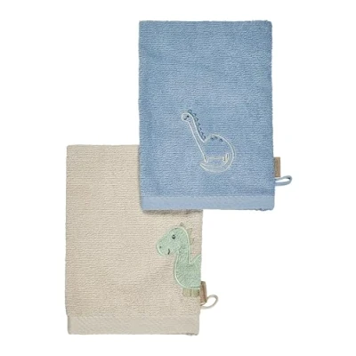Abbildung von Sterntaler Waschlappen 2er Pack Dino Rexi Frottee Babywaschhandschuh aus saugfähiger, weicher Baumwolle, sorgt für Spaß beim Baden und Duschen Baby Kinder Waschlappen, blau