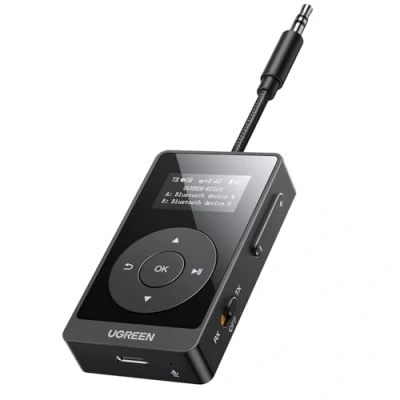 Abbildung von UGREEN aptX Bluetooth Sender Klinke Adapter mit LED Anzeige, Transmitter Empfänger Kompatibel TV,Flugzeug,Auto,Bluetooth Audio Splitter für Zwei Airpods, 32H Akkulaufzeit