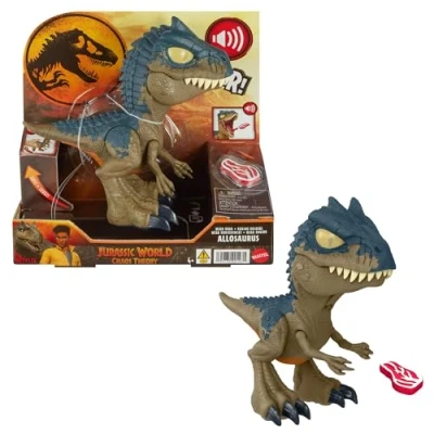Abbildung von Mattel Jurassic World: Die Chaostheorie Netflix Chomp Chomp“ Gigantisches Gebrüll Allosaurus Dinosaurier Spielzeug mit Geräusch und dehnbaren Sehnen am Kiefer, zunehmenden Brüllstufen, HVB45
