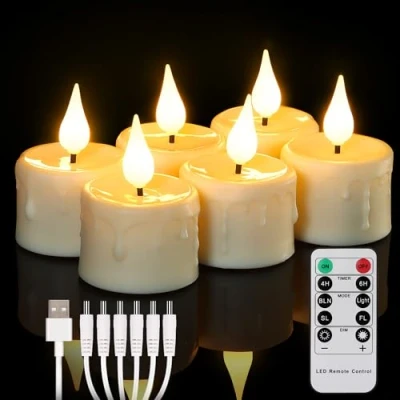 Abbildung von FREEPOWER 6er Aufladbare LED Teelichter mit Fernbedienung Timer Flackern Warmweiß Dimmbar Elektrische Wiederaufladbare Kerzen USB Kabel, Halloween Weihnachten Familie Deko, Ø4x5.5cm