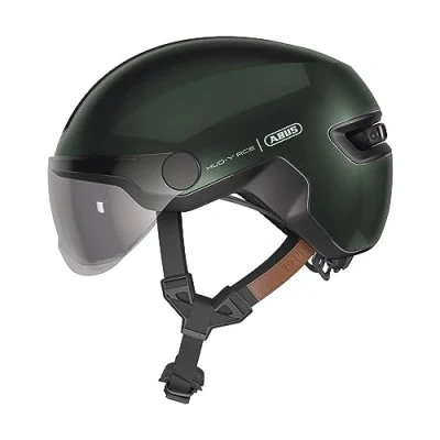 Abbildung von ABUS Stadthelm HUD Y ACE stylischer Fahrradhelm mit Visier und magnetischem, aufladbarem LED Rücklicht für Damen Herren Grün, Größe L