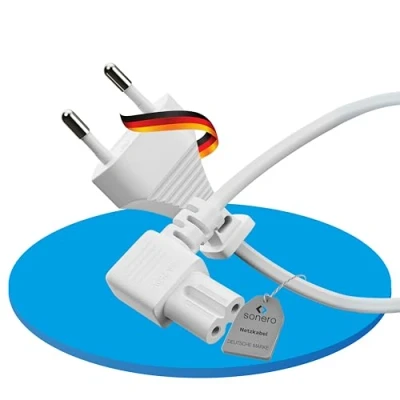 Abbildung von sonero Stromkabel Netzkabel 2 Polig, 1,0m, Eurostecker Typ C Netzstecker auf IEC Buchse C7 Euro 8 Stecker, 90 Winkel Netzteil Strom Kabel für TV, PS5, PS4, PS3, Haushaltsgeräte, Weiß