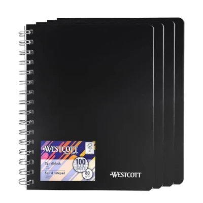Abbildung von Westcott Spiralblock Notizbuch A5 kariert 4 Stück 200 Seiten Ringbuch perforiert mit Premium 80 g/m² Papier Notizblock Spiralbindung Collegeblock im Kunststoffcover E 730891 00