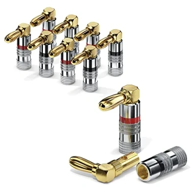 Abbildung von Sonero® Bananenstecker 90 gewinkeltes 8er Set, für alle Lautsprecherkabel mit einem Durchmesser bis max. 6mm², 8 Stück umlaufenden Farbring (4x rot, 4x schwarz), 24k vergoldet