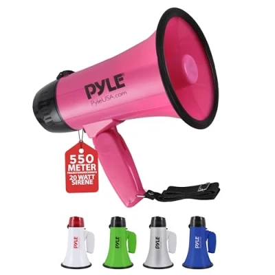 Abbildung von Pyle Tragbarer Megafonlautsprecher mit Sirene Kompakt und Batteriebetrieben 20 Watt Leistung, Mikrofon, 2 Modi, PA Sound faltbarem Griff für Cheerleading Polizeieinsatz, Rosa
