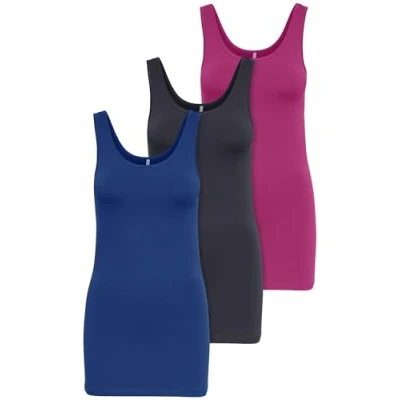 Abbildung von ONLY 3er Pack Damen Oberteile Basic Tank Tops weiß, schwarz, grau, blau, Creme Frauen Shirt lang Sommer Shirts Top 15201465 (L, Farbmix 4)