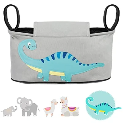 Abbildung von GLÜCKSWOLKE Kinderwagen Organizer 12 Motive I Kinderwagentasche verschließbar Kinder Buggy Tasche mit Feuchttücherspender Baby Stroller Bag Aufbewahrungstasche Dinosaurier (Danny Dino Grau)