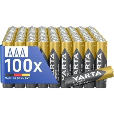 Abbildung von VARTA Batterien AAA, 100 Stück, Power on Demand, Alkaline, 1,5V, Vorratspack in umweltschonender Verpackung, ideal für Computerzubehör, Smart Home Geräte, Made Germany [Exklusiv bei Amazon]