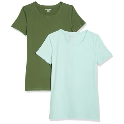 Abbildung von Amazon Essentials Damen Kurzärmeliges T Shirt mit Rundhalsausschnitt, Klassischer Schnitt, 2er Pack, Armeegrün/Minzgrün, L