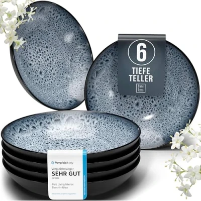 Abbildung von Steingut Suppenteller 6 Pers. Ibiza Hochwertiges Mediterranes TEST SEHR GUT Tiefe Teller Set Kratzfest, Für Spülmaschine, Mikrowelle Pasta Tief Groß Pure Living Geschirr in Rauchblau
