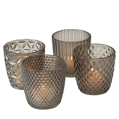 Abbildung von Boltze Windlicht Set Marilu 4 teilig (grau, Deko Gläser für Kerzen / Teelichter, Kerzenständer ø 8 cm, verschiedene Muster, Form rund, Teelichthalter) 2002930
