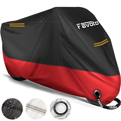 Abbildung von Favoto Verbesserte Version Wasserdicht Motorradabdeckung Motorrad Abdeckplane Outdoor Motorradgarage Motorroller Abdeckung Winddicht mit 2 Gürtelschnalle Schwarz Rot 220cmx105cmx125cm